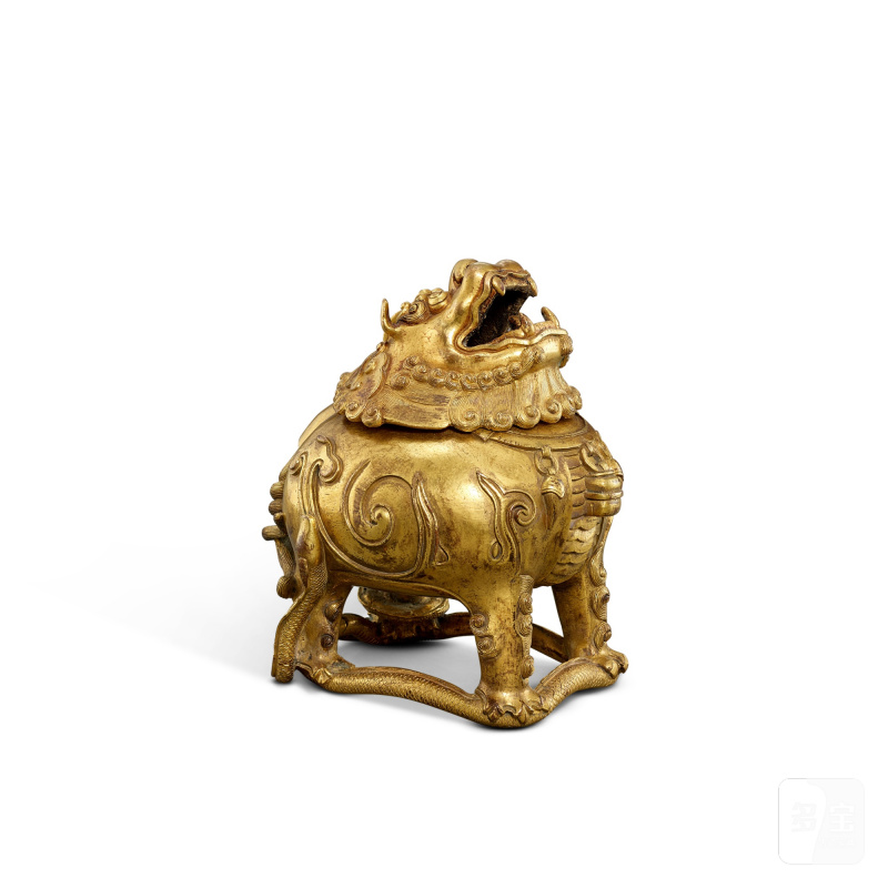 A gilt-bronze 'mythical beast' incense burner, Ming dynasty | 明 銅鎏金甪端香爐